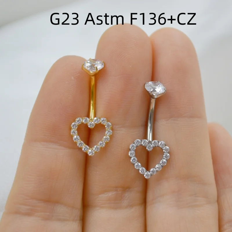 10PCS Body Piercing Jewelry-G23 Titanium F136 CZ  Heart Navel Belly Button Bar Curve Barbells Belly Rings