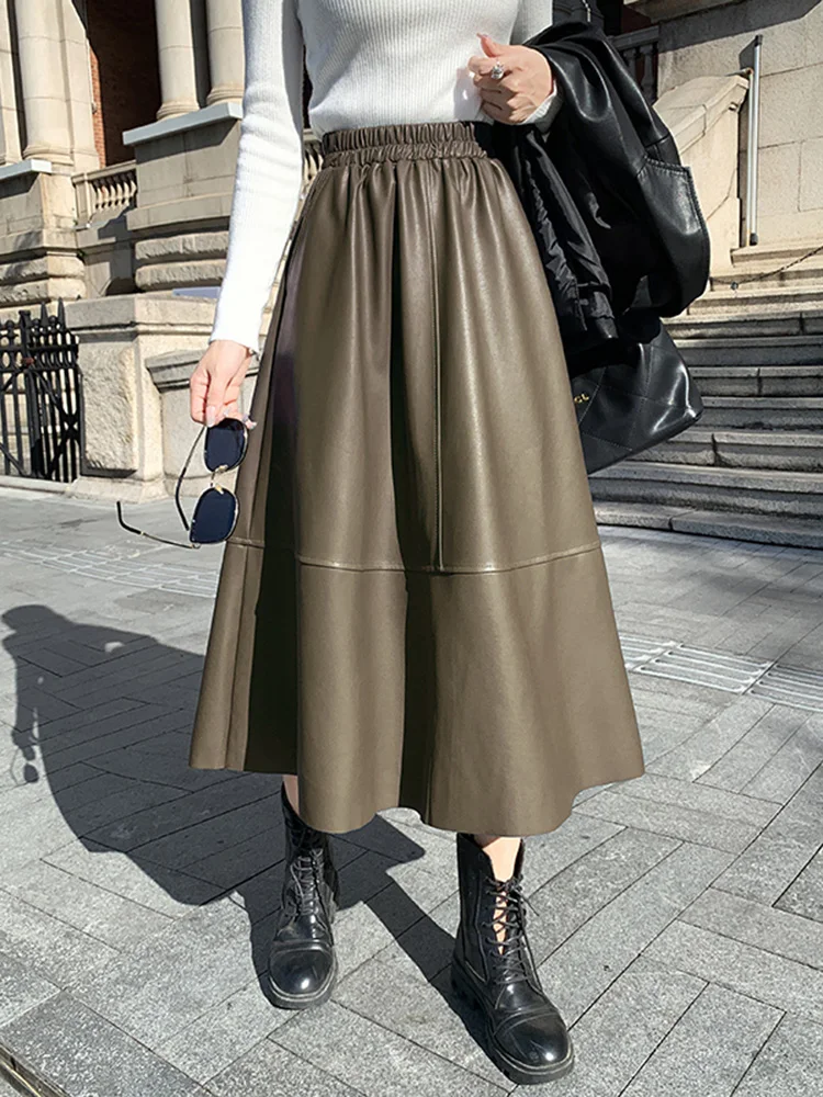 Gonna in Pelle PU a Vita Alta da Donna, Nuova Collezione Autunnale, Gonna Midi Pendente Snellente, Gonna a Linea A Elegante per il Lavoro