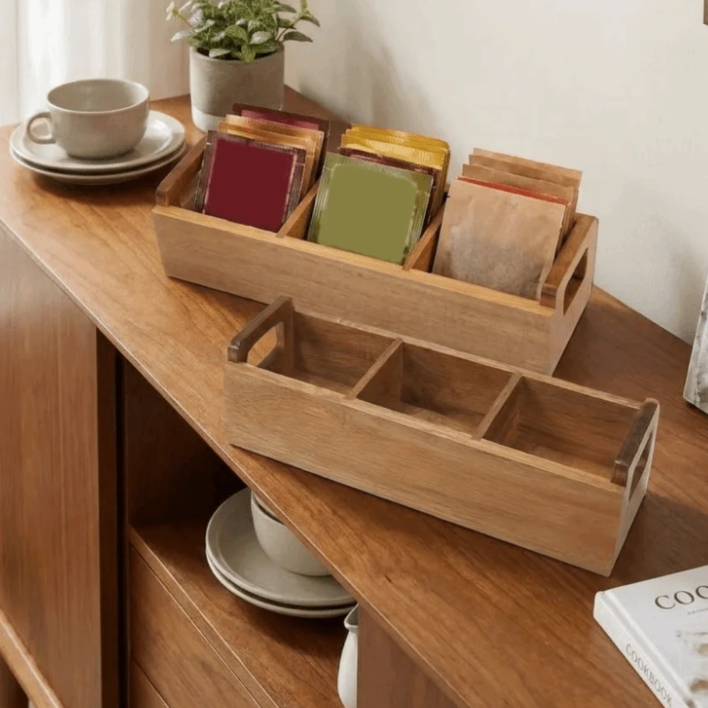 Wooden Tea Bag Storage Box 3 Slots Large Capacity Sugar Packet Storage Box Dual Side Handles Makeup Brush   JJ1577
