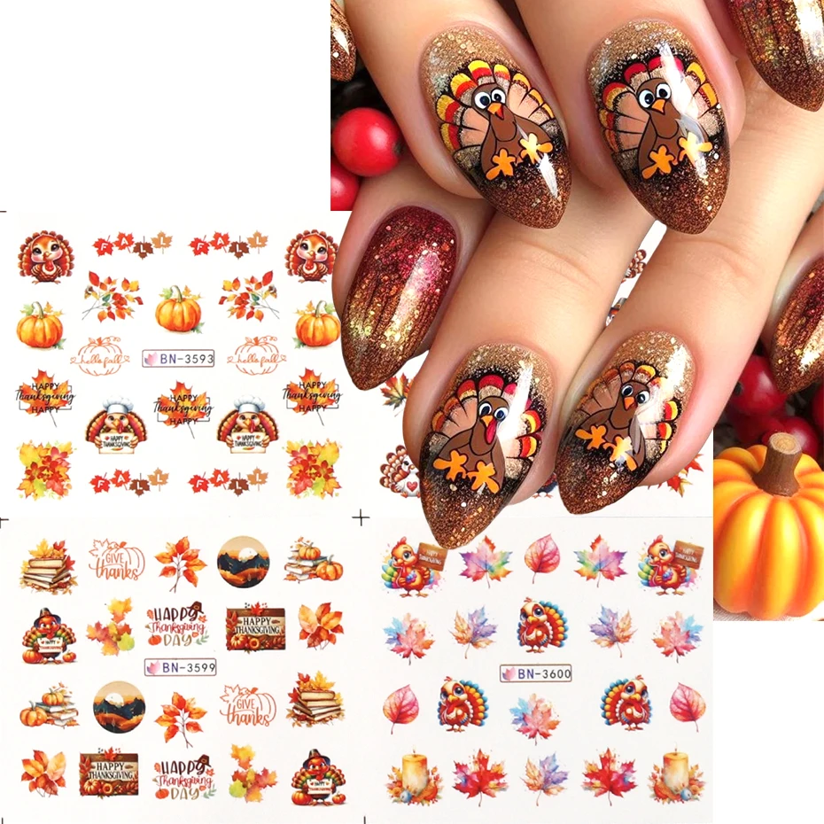 Autunno Foglie d'acero Adesivi per nail art Cursori Riccio Scoiattolo Foglia autunnale Turchia Adesivo per trasferimento d'acqua per unghie Decorazioni per decalcomanie