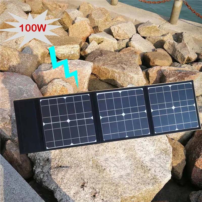 18V 100W Foldable Solar Panel DC+USB Fast Charge Portable Solar Cell Battery Charger Power Bank for Phone Hiking Camping RV Car