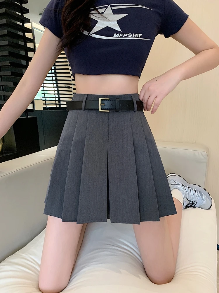 

Gray High Waist Suit Style Half Skirt Women plus Size Flared Short Pants Korean Style Commute Zipper Design A-Line Skirt