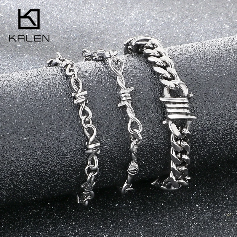 Kalen Vintage Stainless Steel Twisted Barbed Wire & Wrapped Cuban Bracelet Men‘s Adjustable Gothic Punk Women’s Wrist Jewelry