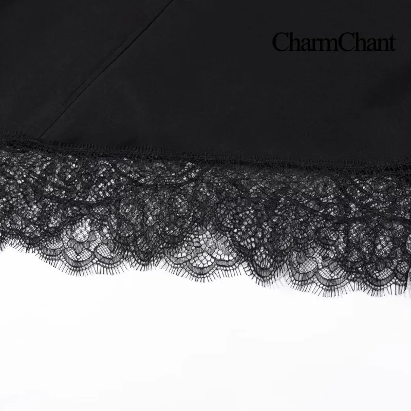CharmChant Camicia a maniche lunghe in pizzo asimmetrico in raso nero per donna Y2k Harajuku Moda elegante camicia senza maniche camicetta femminile