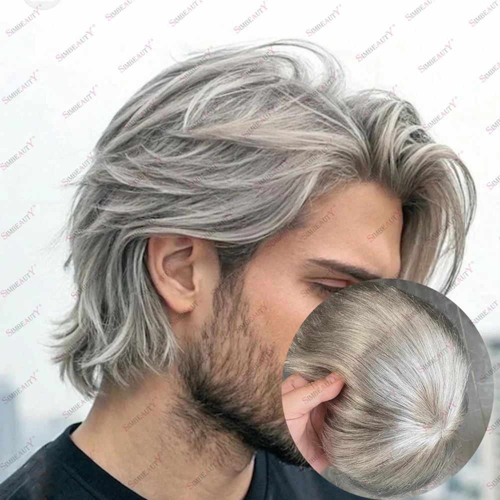 

80% серые человеческие волосы, прямые/волнистые, мужская модная система замены волос, прочный 0,12 мм, искусственная линия натуральных волос, парик-протез, парик