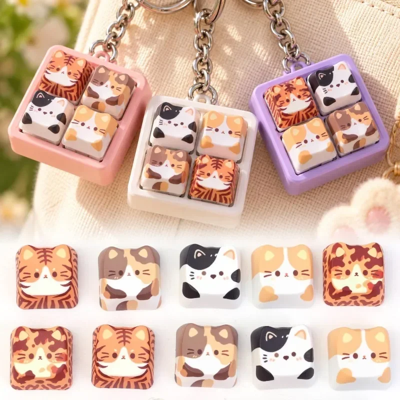 100PCS Cute Cat Keyboard Fidget Creative Design Keycap Keyring Finger Button Kawaii Mechanical Keyboard Keychain