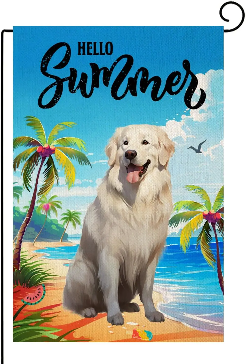Great Pyrenees Garden Flag Hello Summer Sea Beach Dogs 12x18 Inch Double Sided Outside, Ice cream Seagull Watermelon Seasona PPZ