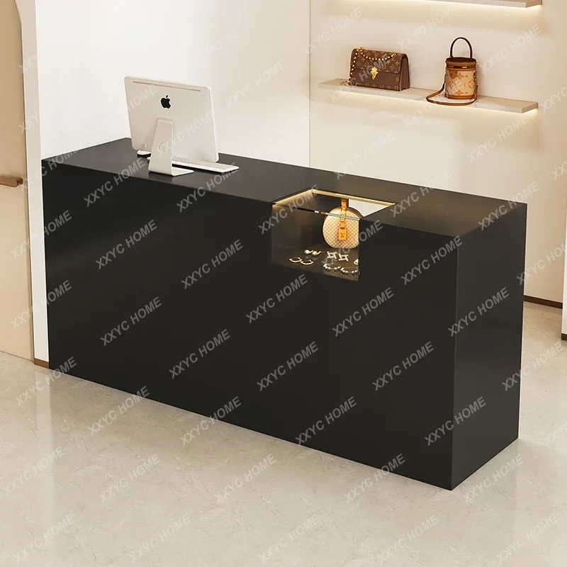 LJYModern Minimalist Black Painted Front Desk with Large Glass Display Cabinet for Clothing Store