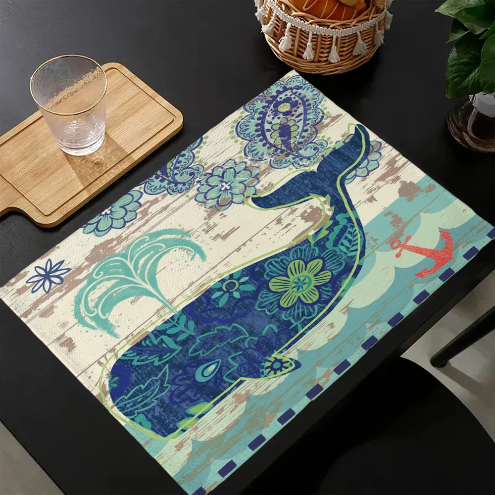 Turtle kitchen Placemat Sea Style Ship Anchor Octopus Cotton Linen Table Mats 40X30 Nordic Western Placemat Cup Mats Coasters