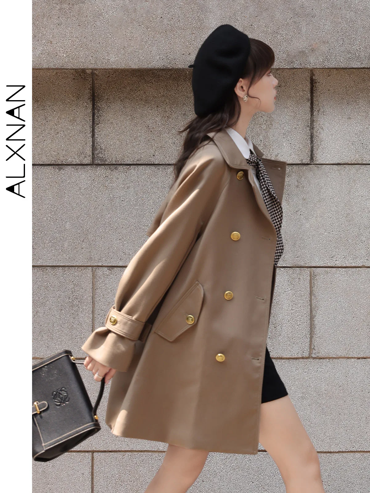 ALXNAN Women's Trench Coat Trendy Lapel Collar Solid Khaki Long Sleeve Outerwear 2024 Fall Winter Female Commuter Coat LXN269103