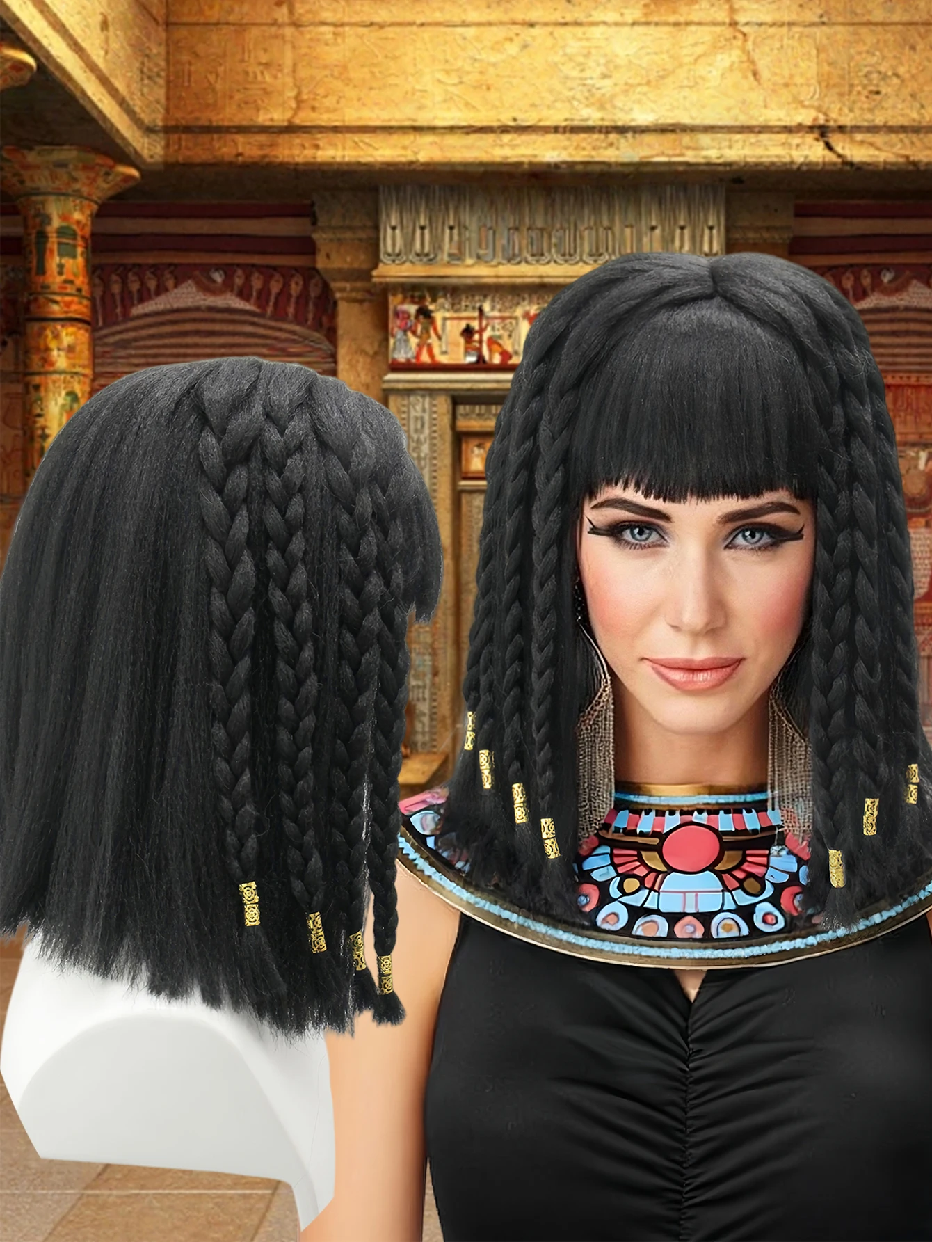 

Многожильный черный синтетический парик с плетеной челкой | золотые украшения | Древний египетский жертвайный тематический парик для ролевых игр