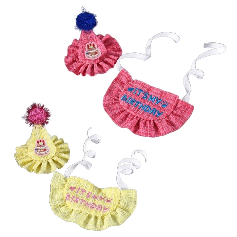 Pack of 2 Dogs Cats Birthday Hat with Embroidery Letter Bib Practical Dogs Masquerades Colorful Hat&Bib for Carnivals