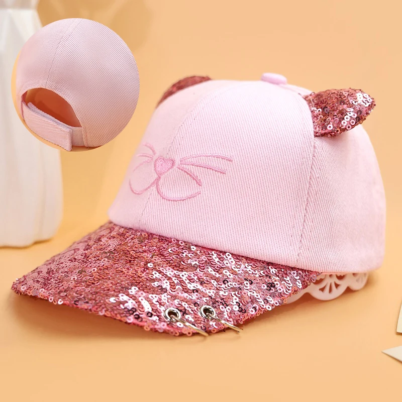 Girls Baseball Cap Korean Cat Ear Embroidery Cartoon Sequins Outdoor Casual Children's Sun Hat Baseball Cap for Kids 4-12 Years