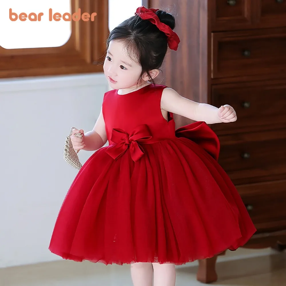 

Bear Leader Summer Fluffy Mesh Bow Baby Girl Dress Birthday Princess Dress Red New Year's and Christmas Children's Clothing