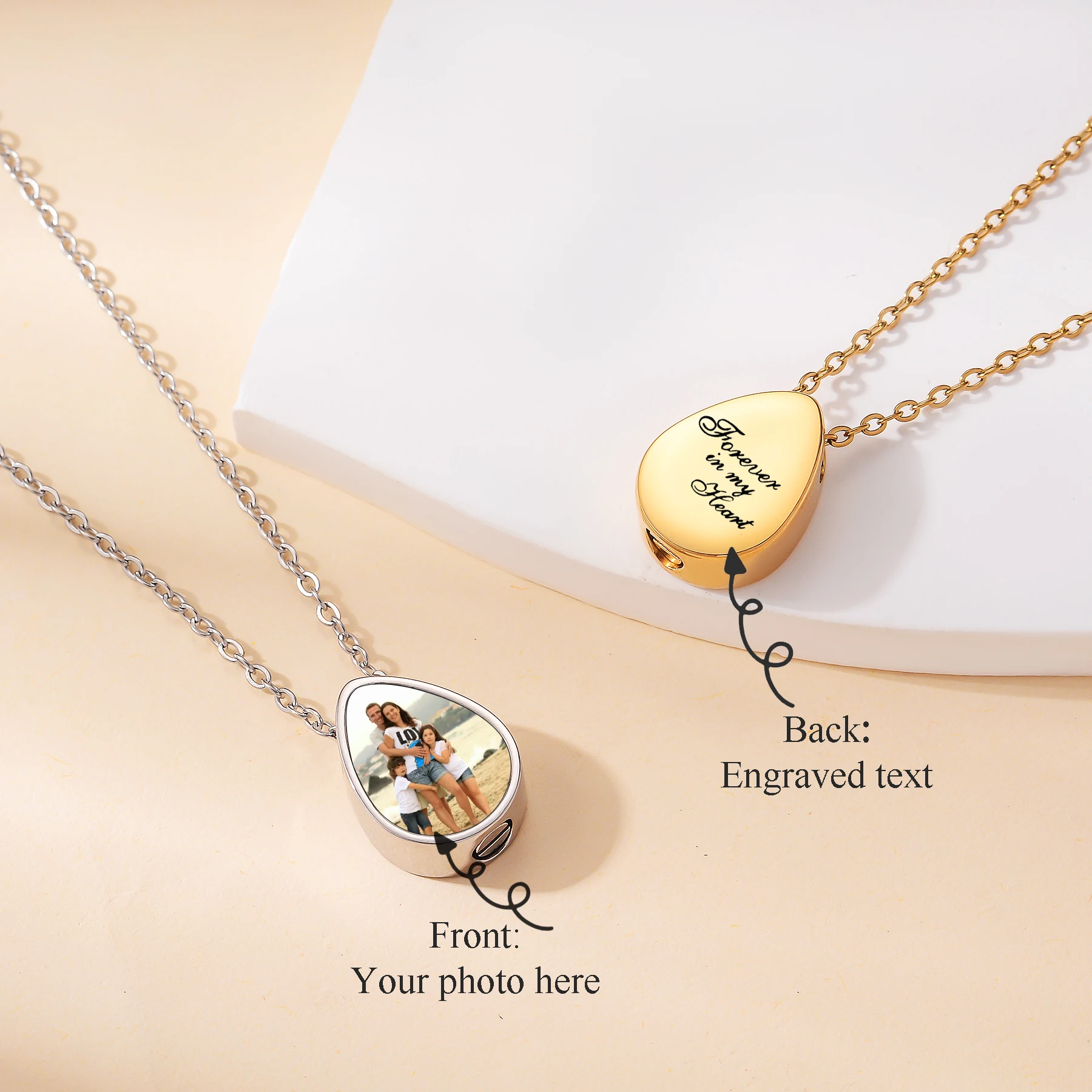 Personalized Custom Photo&Text Stainless Steel Water Drop Urn Necklace Cremation Memorial Jewelry for Human Pet Ashes
