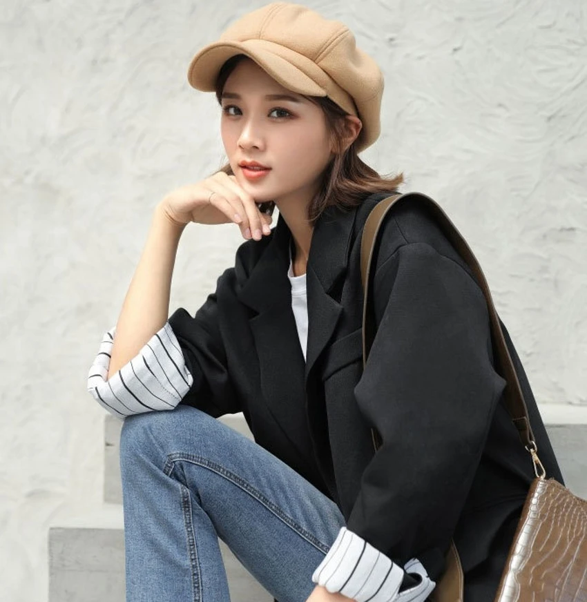 Loose Cloud Top Octagonal Beret Hats Wool Blended Newsboy Hat Women Cool Street Brim Cap Outdoor Winter Autumn Berets Caps Girl