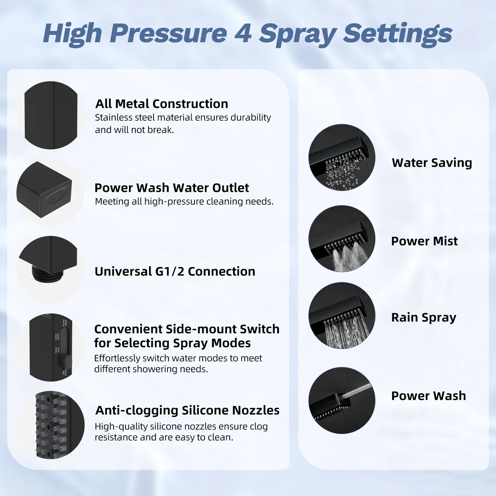 مجموعة رأس دش مطورة مقاس 13 بوصة، رأس دش مطري عالي الضغط 5 رذاذ، من الفولاذ المقاوم للصدأ 4 أوضاع رذاذ محمول باليد #4