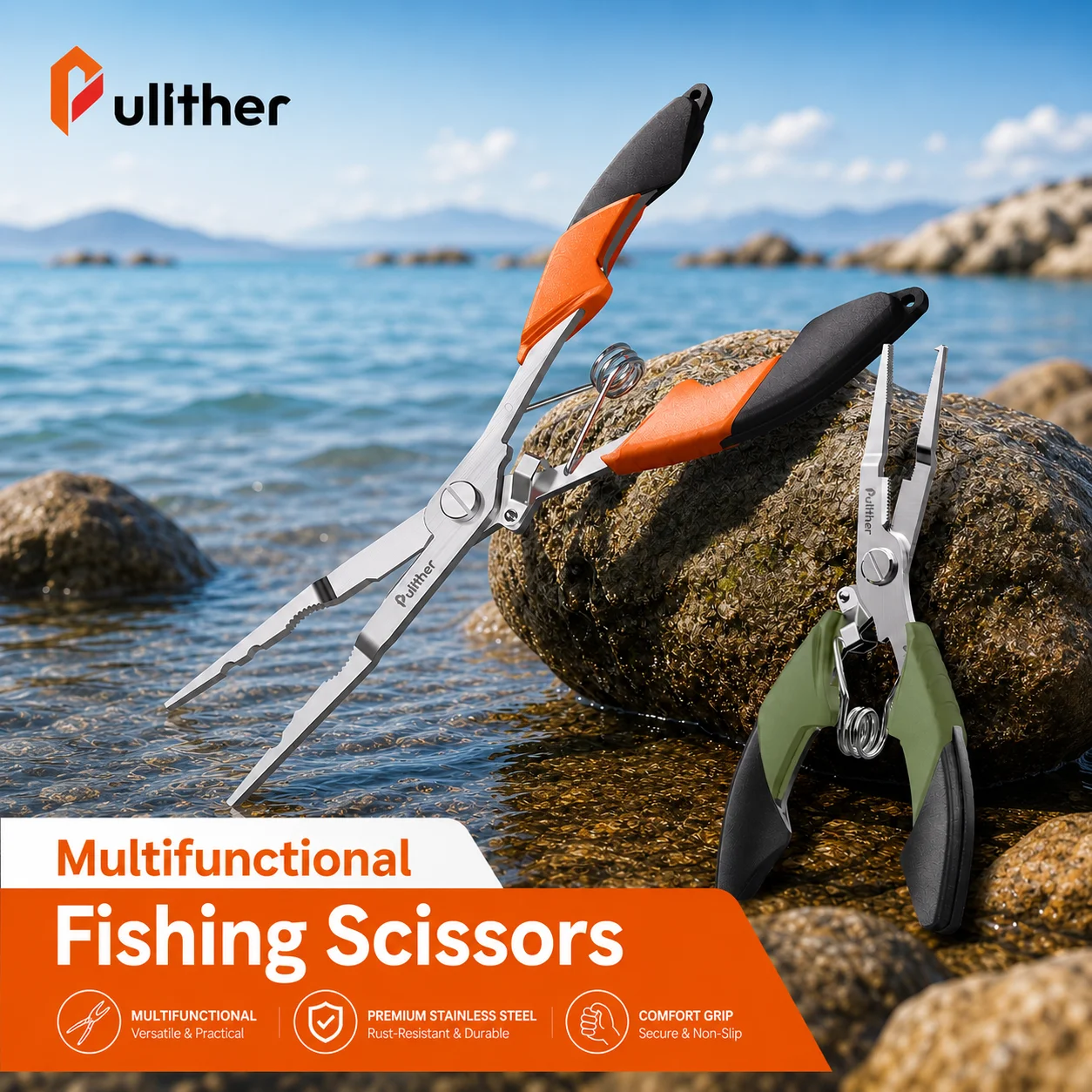 Pullther Fishing Pliers Stainless Steel Multifunctional Braid Line Scissors Crimper Hook Remover Fishing Tackle Tool