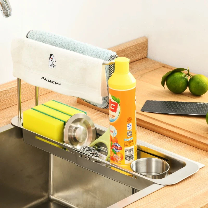 Teleskop Waschbecken Lagerung Rack Edelstahl Küche Gericht Schwamm Halter Handtuch Aufhänger Ablauf Korb Filter Badezimmer Organizer