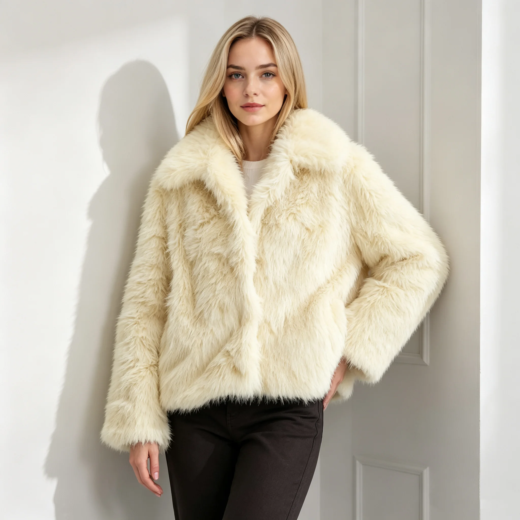 RU Women Wide Lapel Fluffy Shaggy Faux Fur Jacket 2026 Autumn Long Sleeve Plush Soft Warm Daily Vintage Outerwear Coat