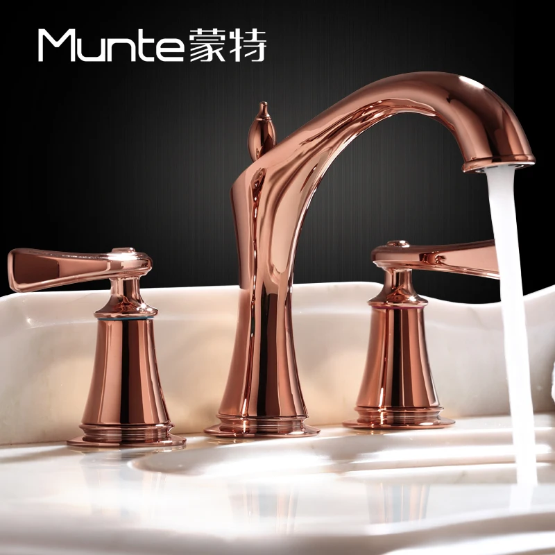 Triple-hole Cold and Hot Washbasin Faucet for Sink and Hand Basin in Rose Gold Titanium Color