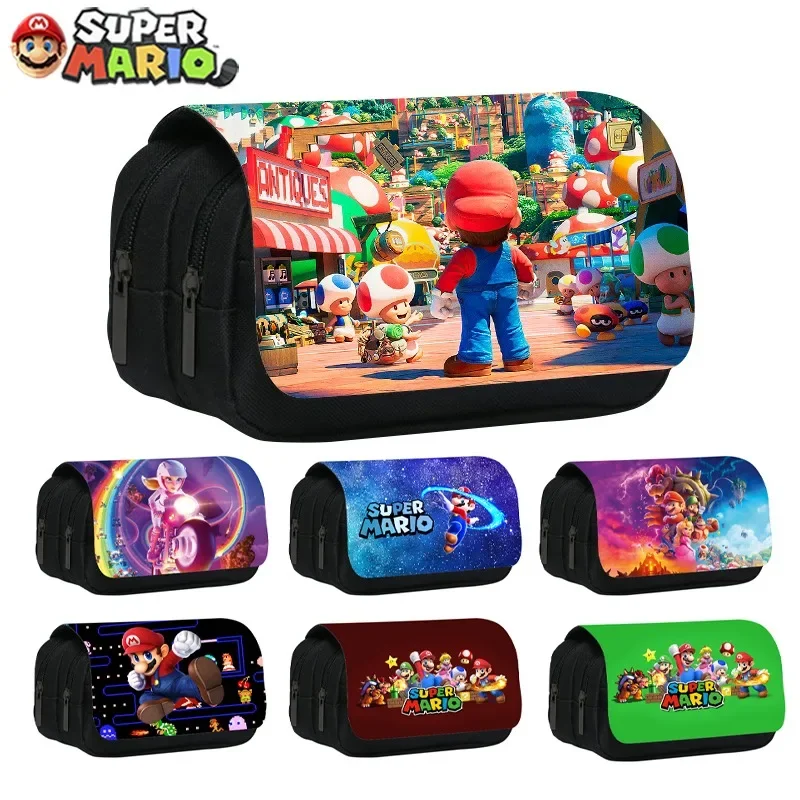 Estuche de lona para lápices de Super Mario Bros, bolsa doble de gran capacidad para bolígrafos, suministros escolares, caja de almacenamiento de papelería, regalos, animación de moda