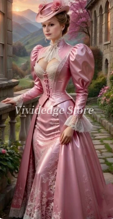 Maßgeschneiderte rosa glänzende viktorianische Ballkleider, Stehkragen, lange Ärmel, Korsett, Riemchenrücken, Fantasie-Spitze, Abendkleider, Partykleid