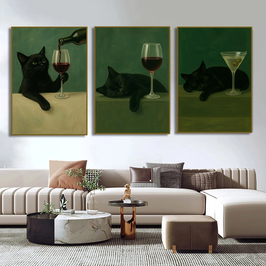 أسود القط شرب النبيذ الأحمر التدخين أكل البيتزا شبح اليقطين المشارك طباعة حائط لوح رسم صورة فنية غرفة المعيشة ديكور المنزل #4