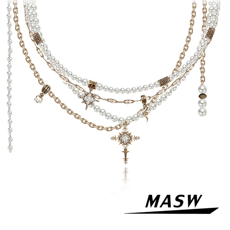 

MASW Original Design Luxury Design Multi Layers Simulated Pearl Star Pendant Necklace For Women Girl Gift Fashion Jewelry