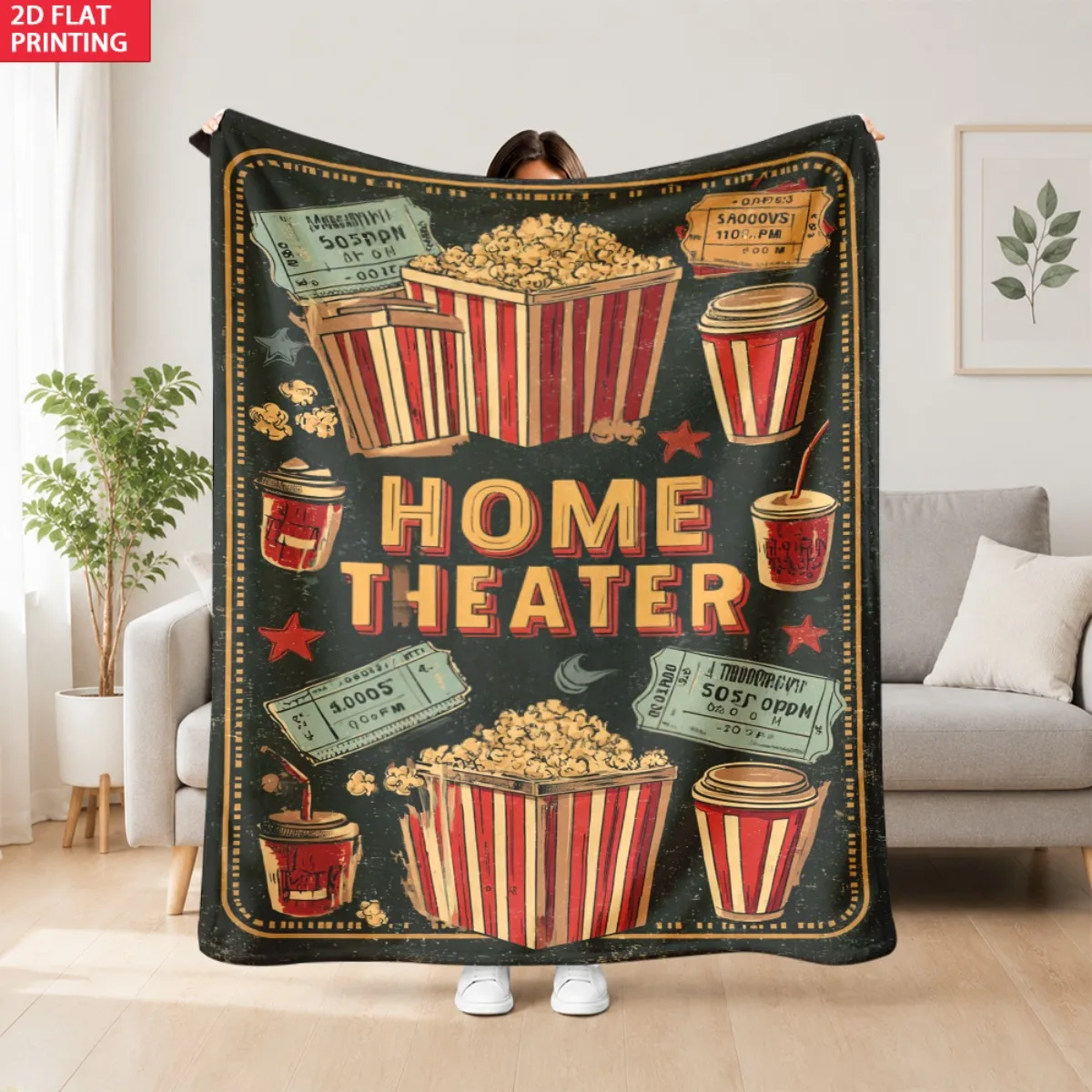 2D Flat Printing 1pc Vintage Home Theater Popcorn Drinks Movie Poster Soft Flannel Throw Blanket Warm Comfortable Lightweight Fl