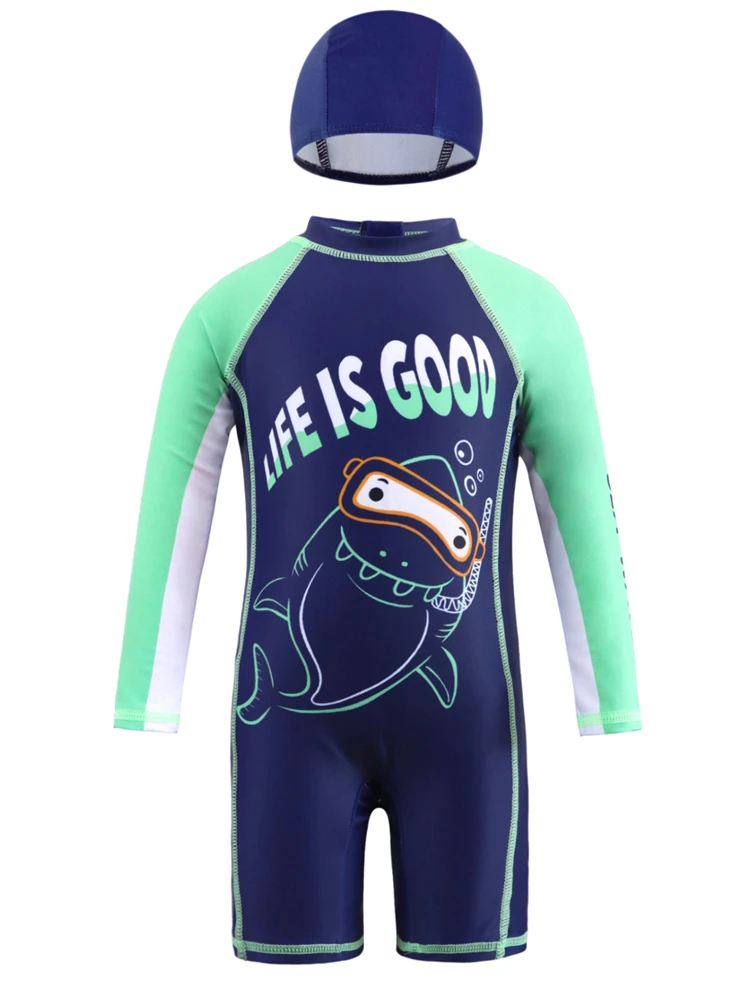One Piece Boy Kids Swimsuit 2025 New Cartoon Shark Long Sleeve Children Swimwear Summer Zipper Beachwear Bathing Suit Swimming