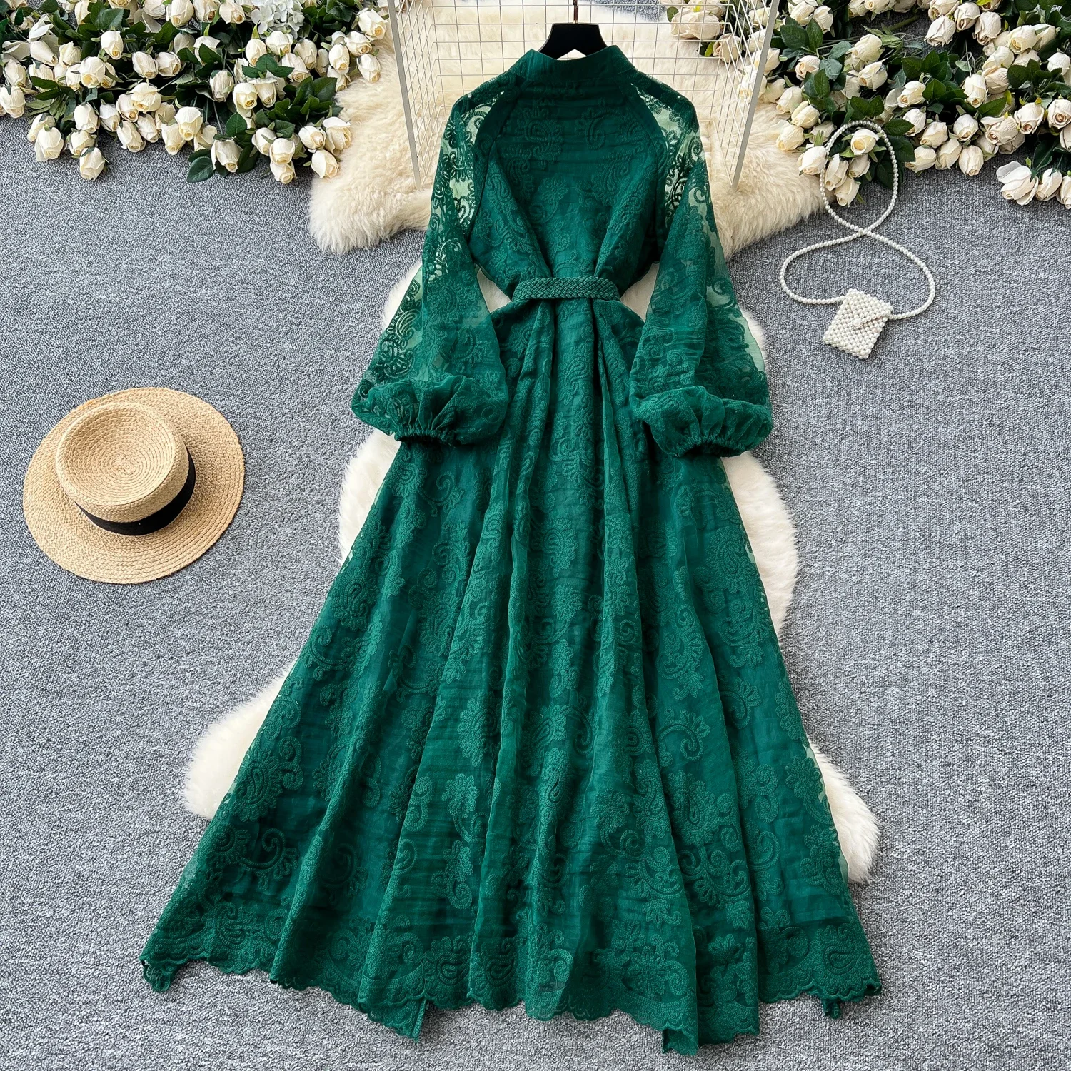 chic Vintage print Casual Draw String O-Neck chic single breasted lantern sleeves slim long Dress French  high street clothing