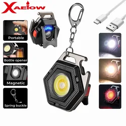 Portable LED COB Work Light Mini Keychain Flashlight Rechargeable Power Display Strong Light Camping Lantern Bottle Opener