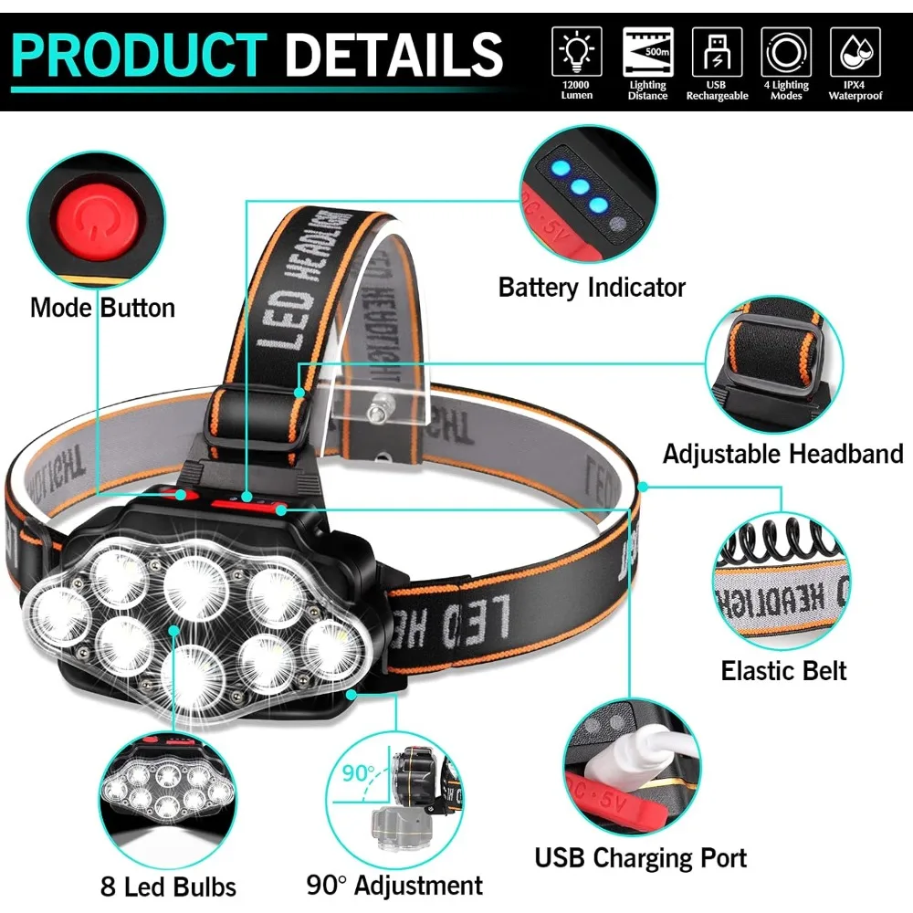 مصباح أمامي LED USB قابل لإعادة الشحن ، مصباح أمامي ساطع عالي اللمعة ، مصباح أمامي USB 8 LED ، مصباح يدوي مقاوم للماء IPX4 ، ضوء التخييم