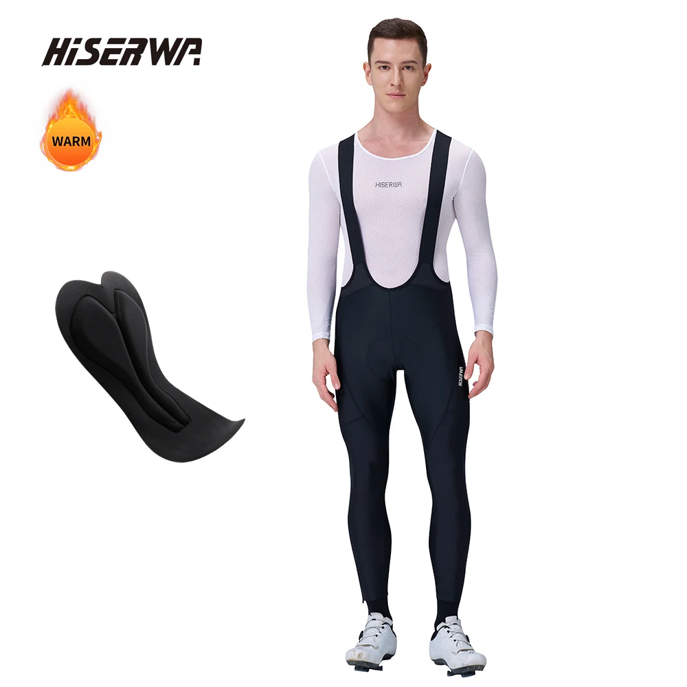 

HISERWA Men Cycling Bib Pants Winter Thermal Mountain Bike Pants Fleece Cycling Long Bib Trousers MTB Road Bicycle Pants 5-15°C