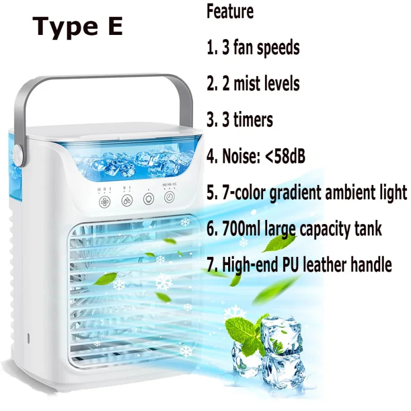 Mini Ventilador Portátil 3 en 1, Aire Acondicionado, Enfriador de Aire Doméstico, Luz Nocturna LED de Colores, Humidificador, Ventilador con Ajuste de Aire, Ventilador para Oficina y Hogar