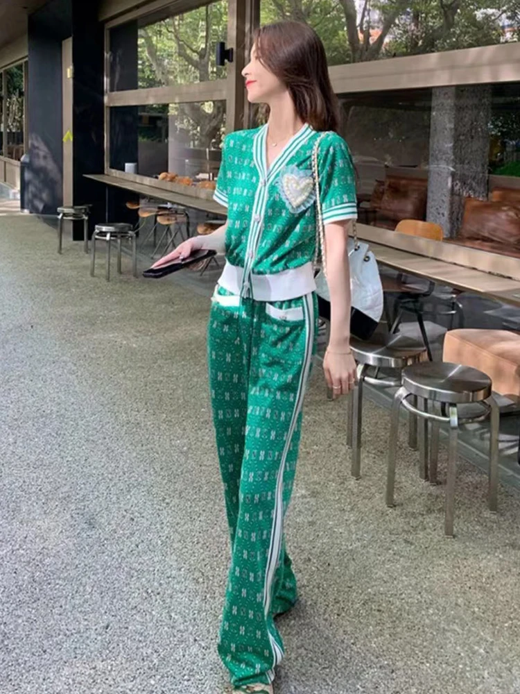 Short Sleeved Green Pants Two Piece Set Women 2023  Summer Korean V Neck Cardigan Tops Wide Leg Trousers Suit Casual Short Sets