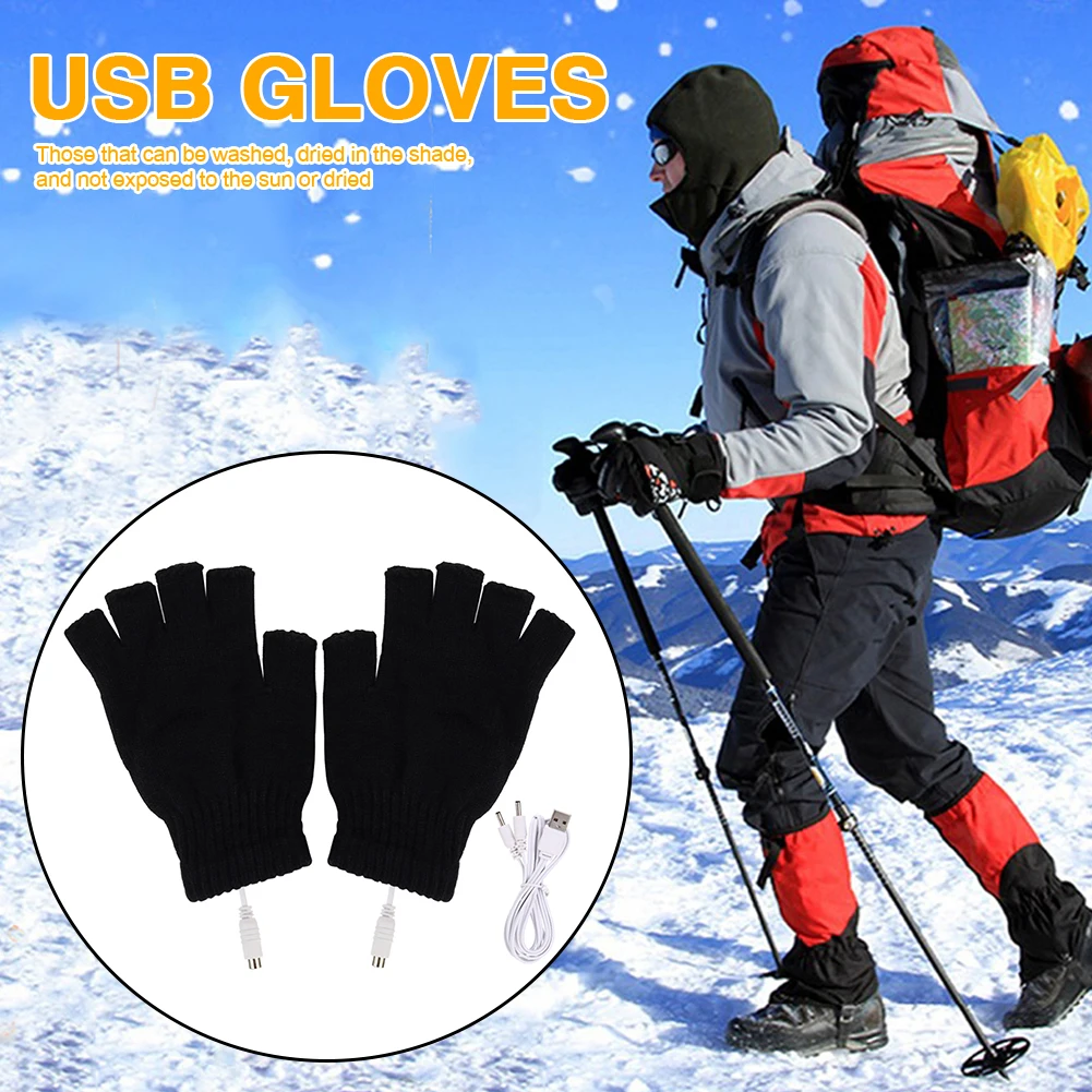 USB Heated Gloves Fingerless Knitted Wrist Glove Men Women Electric Heating Gloves Winter Hand Warmer Outdoor Skiing Accessories