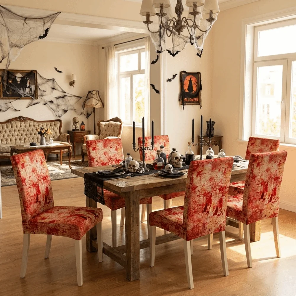 Full Cover Halloween Chair Covers Dust-proof Decorative Spooky Ghost Chair Protector Vintage Scary Dining Chair Slipcovers