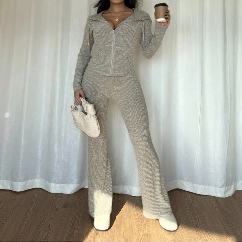 

New Set Slimming Cardigan Zipper Top Hooded Fashionable Jacket Casual Two-piece Set Micro Flared Pants