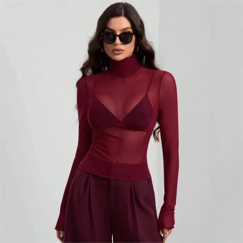 

Autumn And Winter T Shirt Stand-up Collar Solid Color Mesh Slimming Long-sleeved Elegant And Stylish Commuter Top