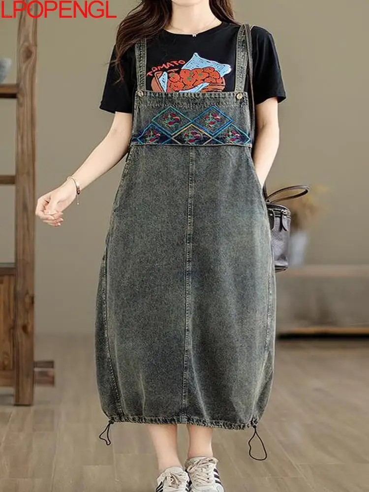 

Woman Vintage 2024 Summer Pullover New Literary Loose Versatile Spaghetti Strap Sleeveless Embroidery Denim Vest Mid-calf Dress