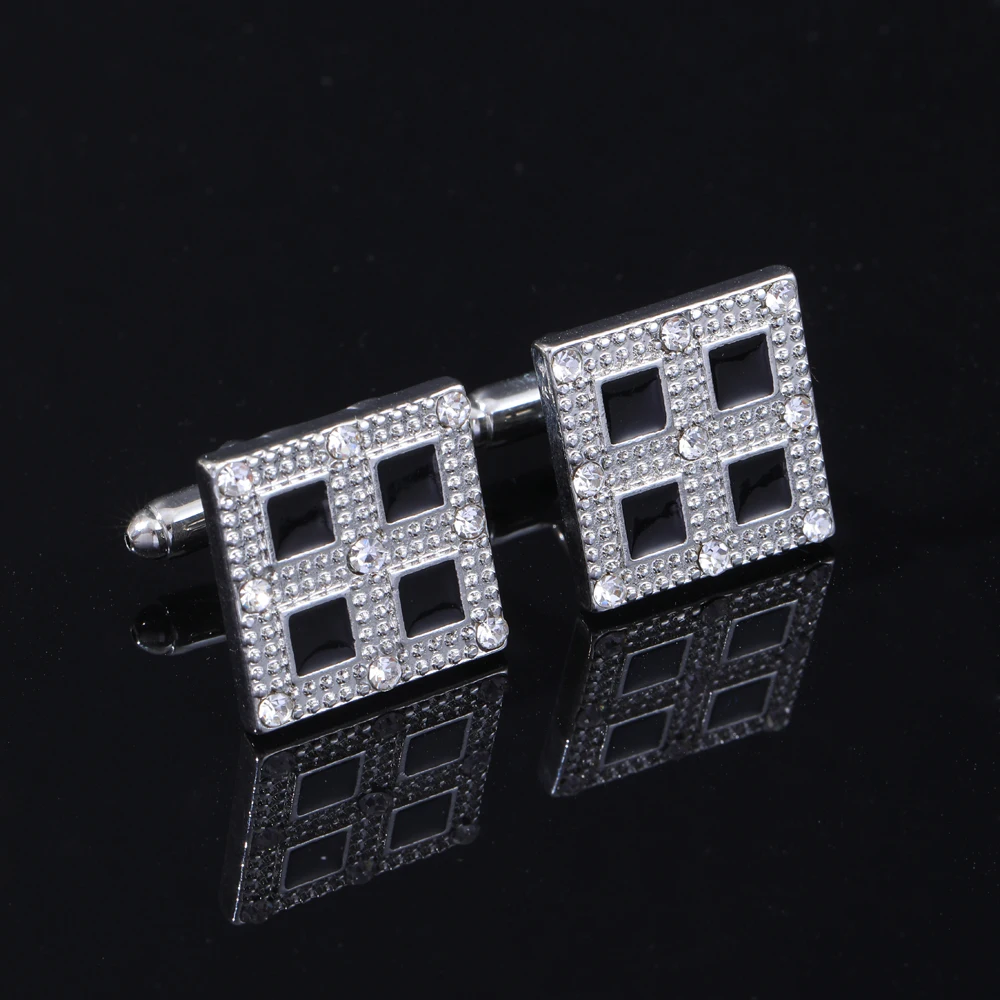 Wholesale 2 Pcs Plaid Square Mens Cufflinks Clear Crystal Black Enamel Cuff Links Boys Shirt Suit Blouse Jewelry Accessories