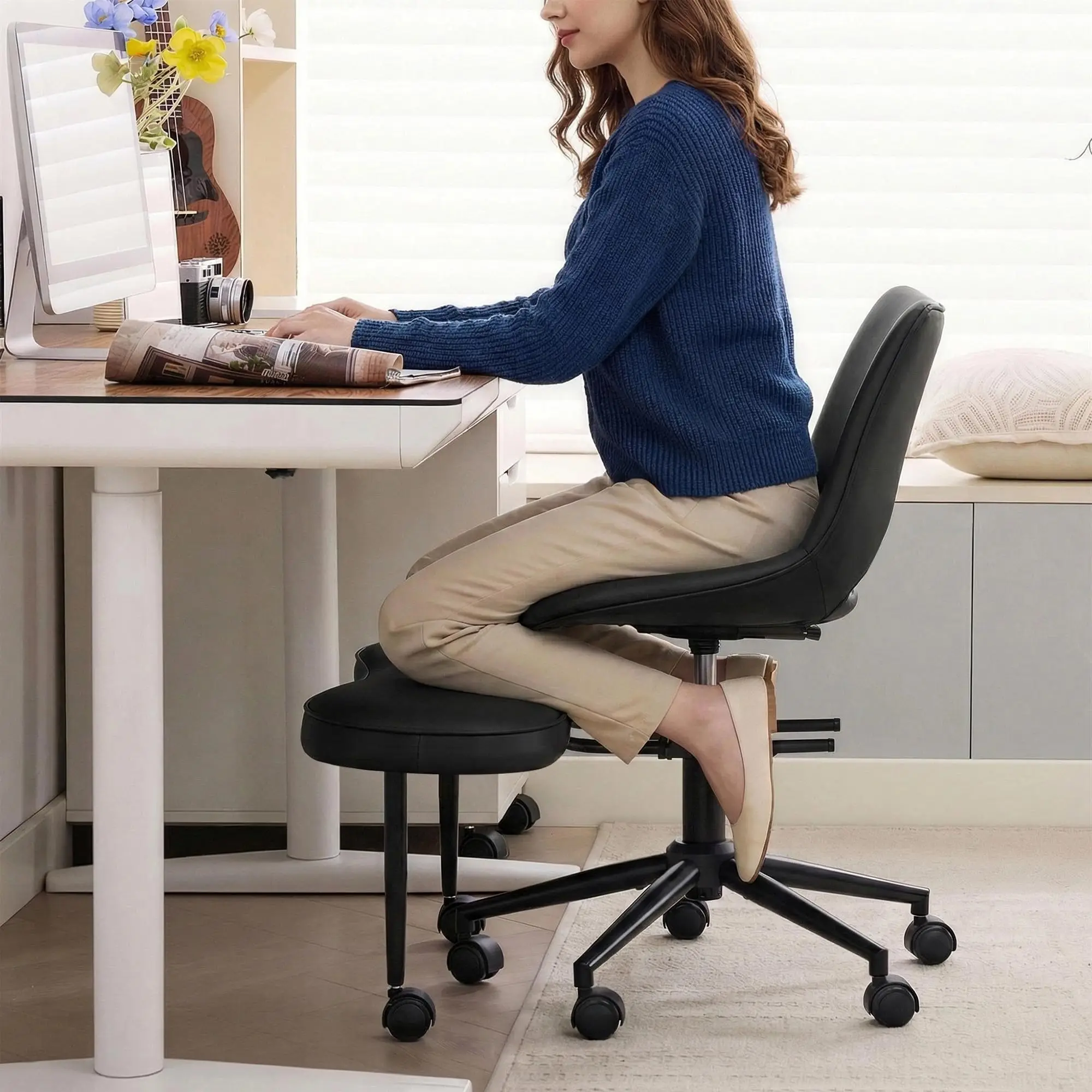 Ergonomic Kneeling Chair, Cross Legged Office Chair with Wheels & Lumbar Support, Wide Criss Cross Chair, Adjustable
