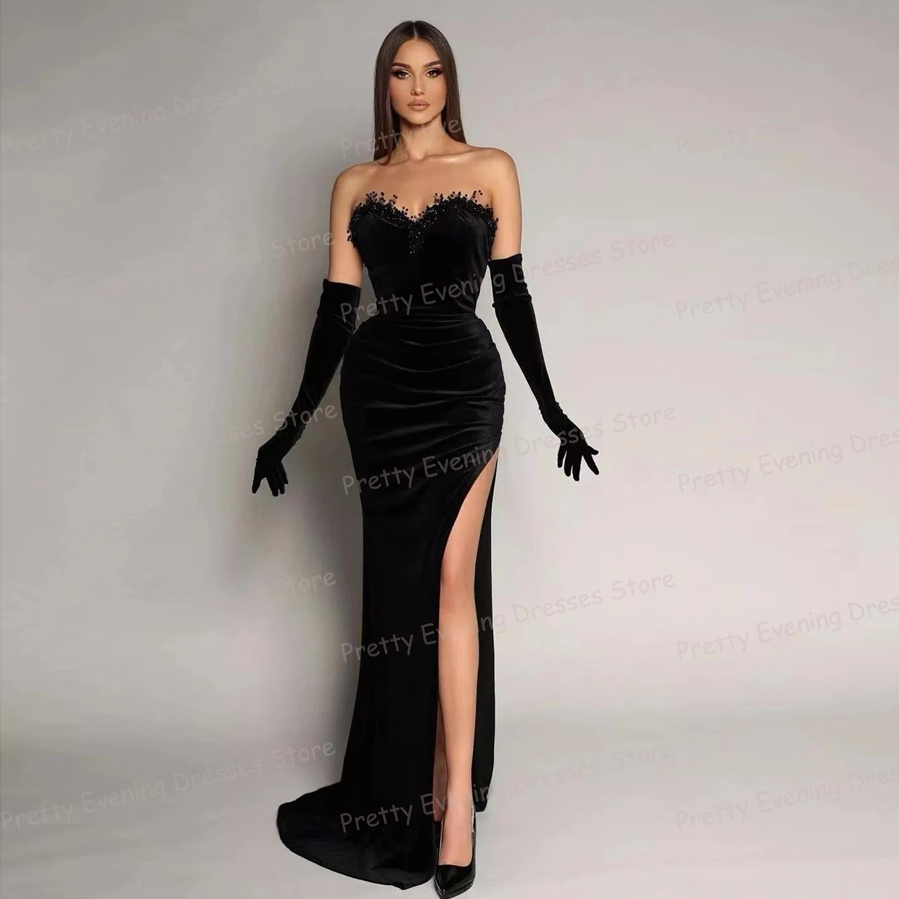 Modern Black Evening Dresses Woman's Mermaid Sexy Beads Strapless High Split Prom Growns Sleeveless Celebrity Vestidos Gloveless