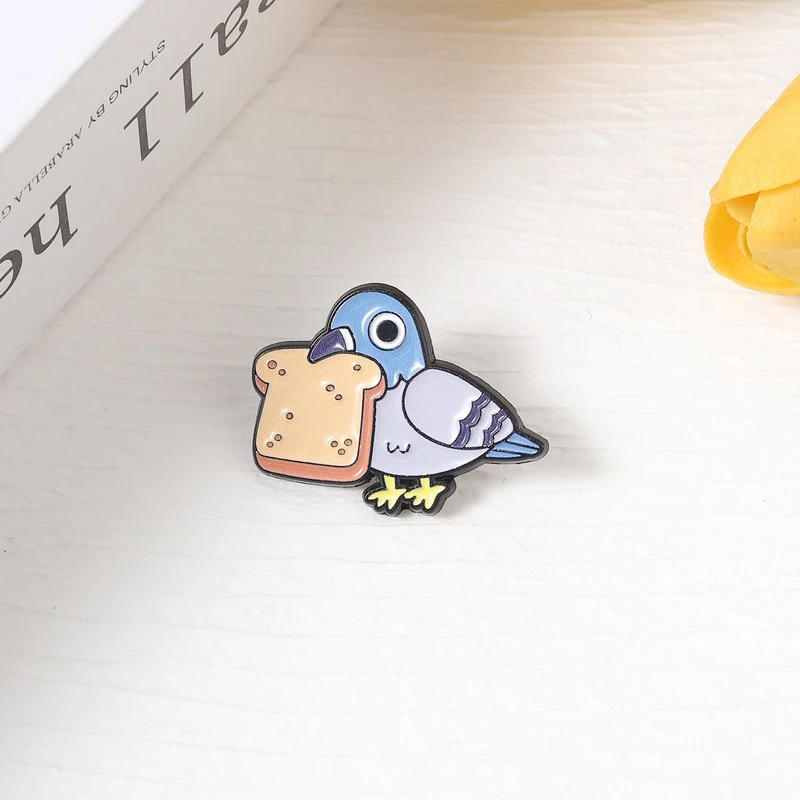 Cute Pigeon with Bread Enamel Pins Cartoon Funny City Bird Stealing Toast Brooches Jewelry Decor Lapel Badge Gifts