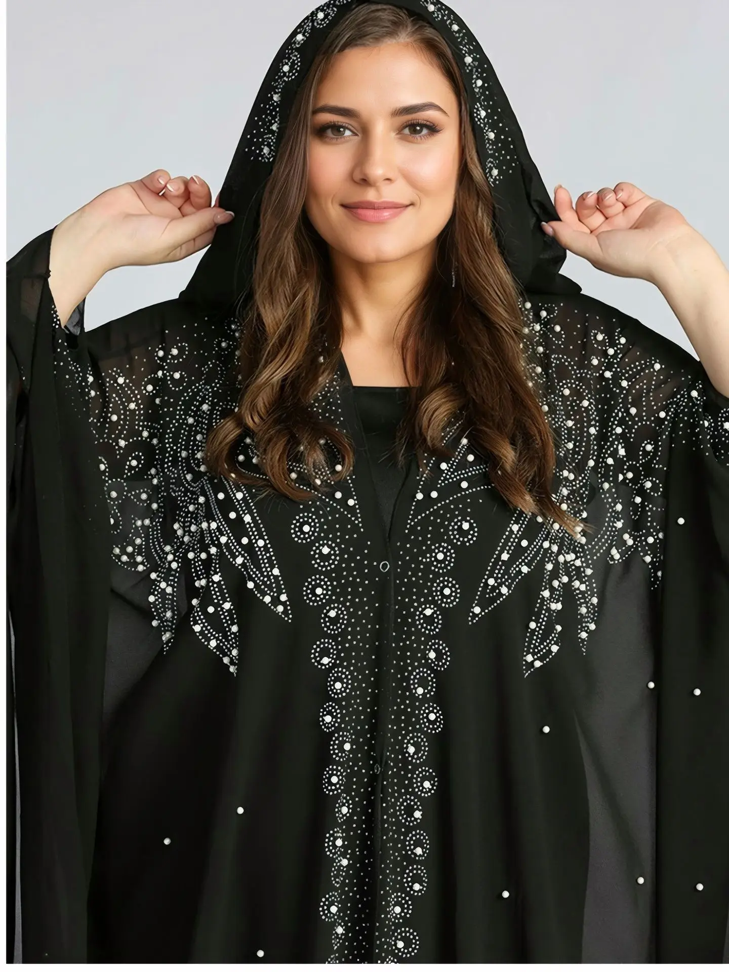 

Дубай Абая Украшенная капюшоном из бисера Абая Скромная мусульманская Абая с открытой передней частью Длинная накидка Плащ Халат Скромное мусульманское платье макси