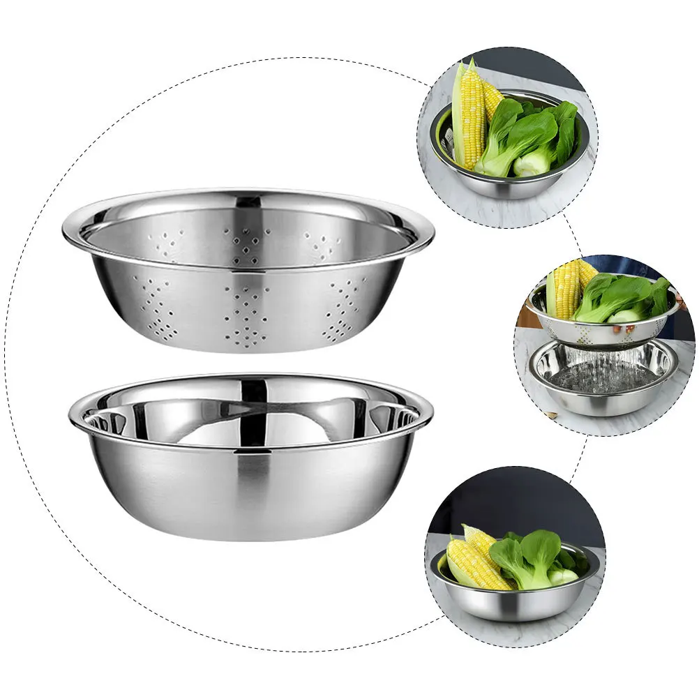 

1 Set Stainless Steel Drain Basin Multipurpose Kitchen Washing Basin Thicken Not Rusty For Fruit Vegetable Soup Noodles Hot Pot