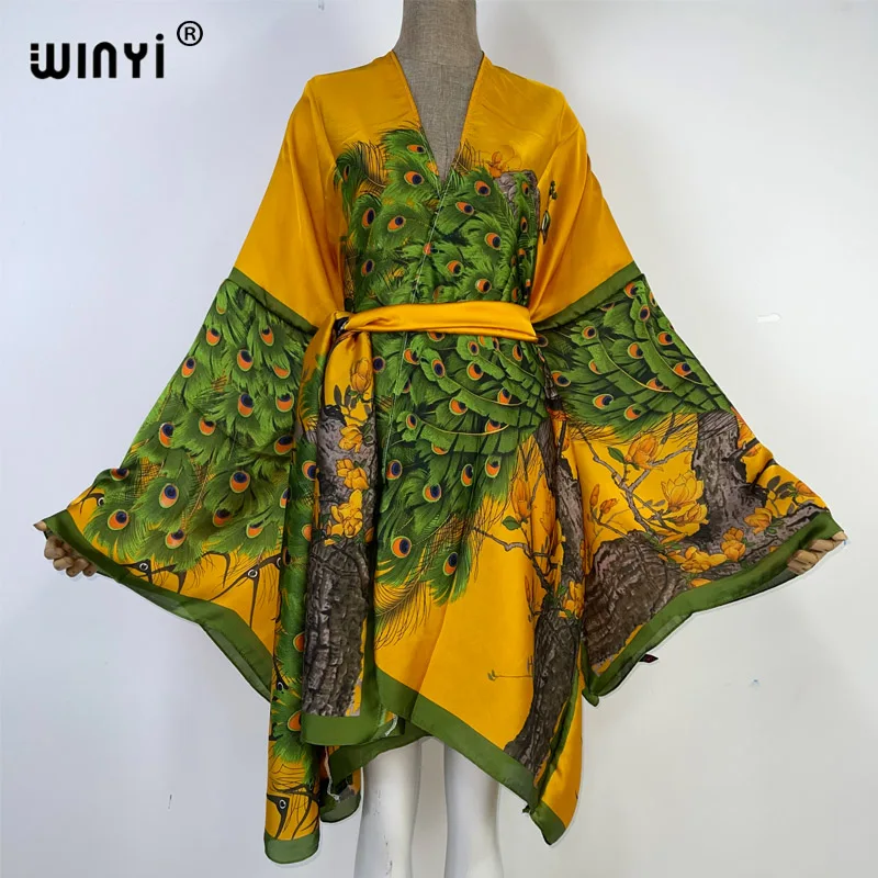 WINYI 2023 new Africa Summer print Women Cardigan stitch robe Cocktail sexy Boho loose Holiday long Sleeve Silk kimono with belt