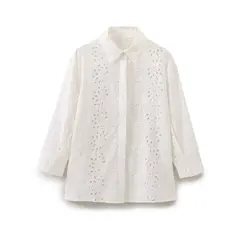 Tangada Women White Embroidery Cotton Shirt Long Sleeve 2024 Female Summer Hollow Blouse Tops 6H0155